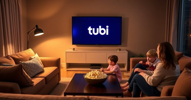 A cozy living room with a modern Samsung Smart TV displaying the Tubi logo, surrounded by plush sofas and a warm ambiance. A bowl of popcorn sits on a coffee table, a soft glow from a floor lamp highlights the inviting atmosphere, while a family gathers, eagerly preparing for a movie night.