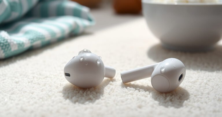 A close-up of water droplets glistening on sleek, modern earbuds resting on a soft, textured surface. The background features hints of everyday items like a towel and a bowl of rice, conveying a sense of home remedy. Soft, natural light highlights the earbuds, emphasizing their sleek design and the urgency to remove water.