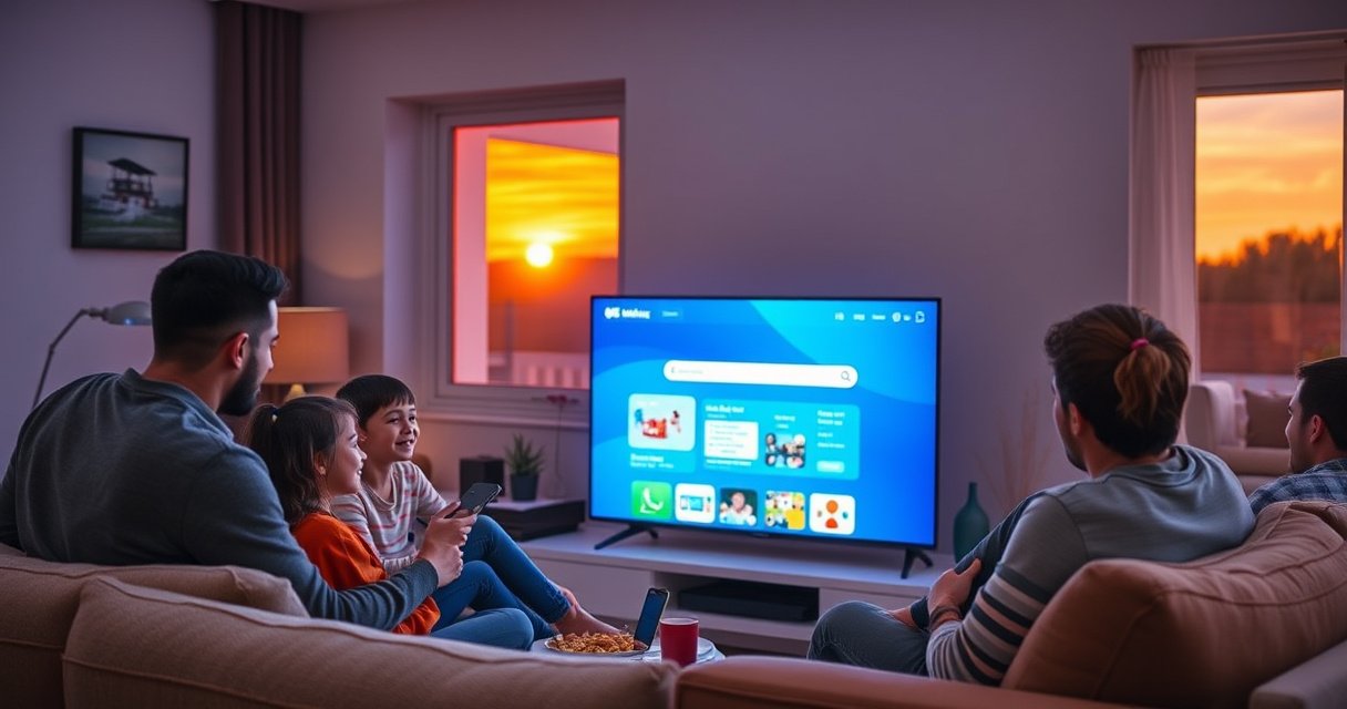A cozy living room with a sleek smart TV displaying a bright, inviting internet interface. A family sits on a plush couch, joyfully navigating the screen with a remote, surrounded by snacks and warm lighting. A window reveals a sunset outside, casting a warm glow over the scene, embodying the comfort of modern technology at home.