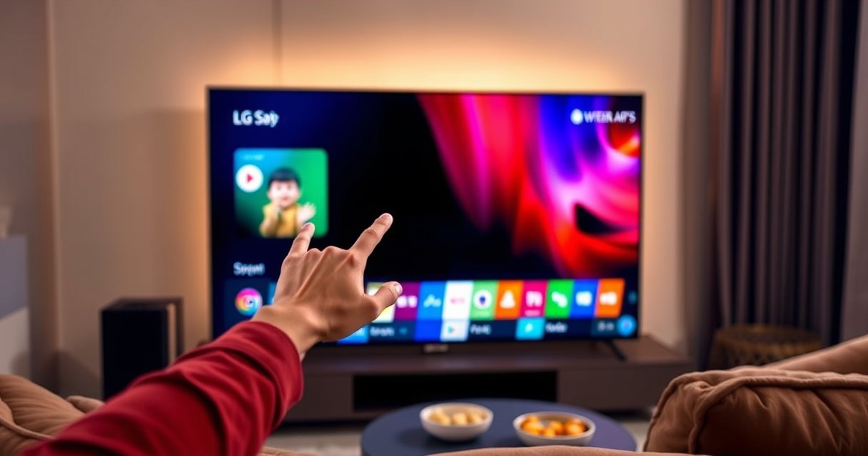 A sleek LG Smart TV displaying a vibrant app interface, colorful icons glowing against a dark background. A person’s hand reaches towards the screen, illuminated by soft ambient light, while a cozy living room setting surrounds them, complete with a plush sofa and a small coffee table holding snacks.