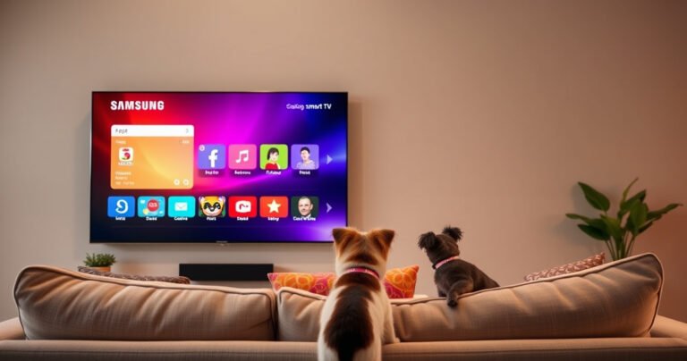 A sleek Samsung Smart TV displaying a vibrant app menu on a modern living room wall, with a cozy couch and colorful cushions in the foreground, soft ambient lighting creating a warm atmosphere, and a curious pet watching the screen, embodying the ease of accessing apps in a stylish home setting.