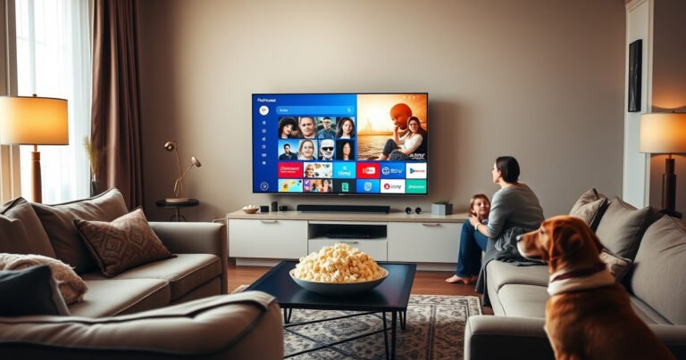A cozy living room featuring a sleek smart TV displaying a vibrant app menu, a family gathered on a comfortable sofa, bright ambient lighting, popcorn bowl on the table, and a playful dog nearby. The scene exudes a warm, inviting atmosphere, showcasing technology seamlessly integrated into everyday life.