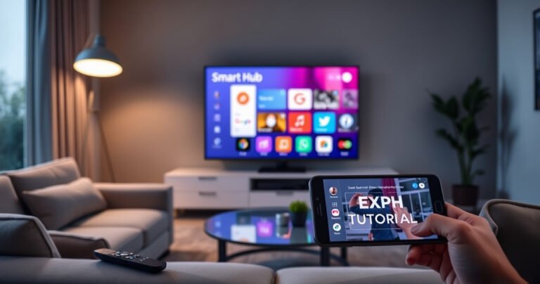 A sleek living room with a modern Samsung TV displaying the Smart Hub interface, glowing with vibrant app icons. Soft ambient lighting illuminates the room, highlighting a cozy sofa and a stylish coffee table. A remote rests nearby, with a smartphone showing a tutorial, creating a tech-savvy atmosphere that invites exploration and discovery.