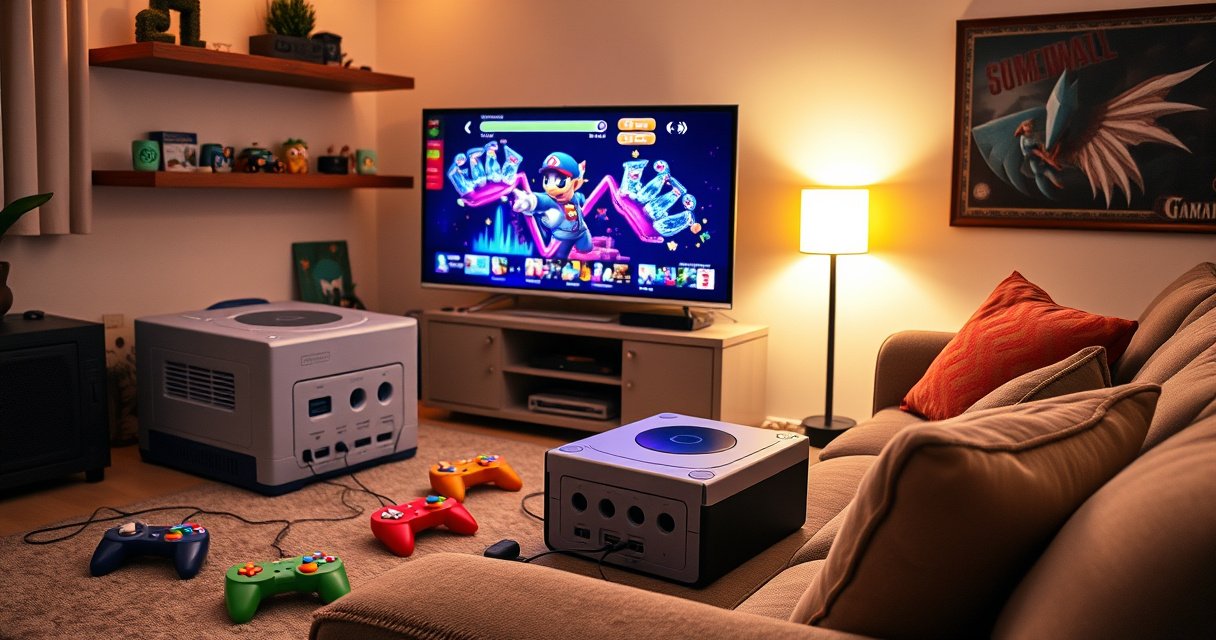 A cozy living room scene featuring a vintage GameCube console connected to a sleek modern smart TV, colorful game controllers scattered around, warm ambient lighting, a plush sofa with pillows, and a retro gaming poster on the wall, creating a nostalgic yet contemporary atmosphere perfect for gaming enthusiasts.