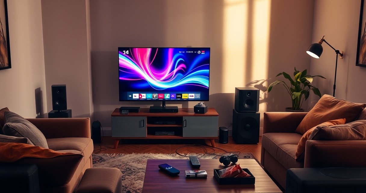 A cozy living room scene featuring a sleek smart TV displaying a vibrant cable channel, surrounded by a comfortable sofa, tech gadgets, and cables artfully arranged. Warm lighting casts soft shadows, while a stylish coffee table holds remote controls and snacks, inviting viewers to relax and enjoy their entertainment setup.