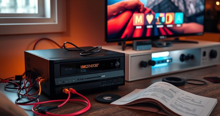 A retro VCR connected to a sleek modern smart TV, surrounded by vibrant cables and nostalgic VHS tapes. Soft ambient lighting casts a warm glow, highlighting the contrast between vintage technology and contemporary design. An open manual lies nearby, depicting step-by-step diagrams, while a cozy living room setting invites viewers to explore this connection journey.