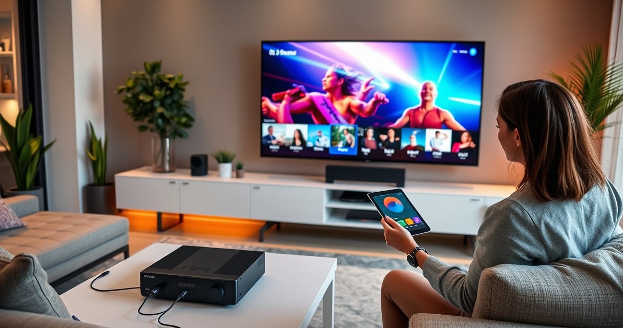 A sleek modern living room with a large smart TV displaying vibrant streaming content, surrounded by cozy furniture. Cables elegantly connect the TV to a stylish cable box on a contemporary media console, while a person enthusiastically sets up the device, with a tablet in hand, against a backdrop of warm ambient lighting and decorative plants.