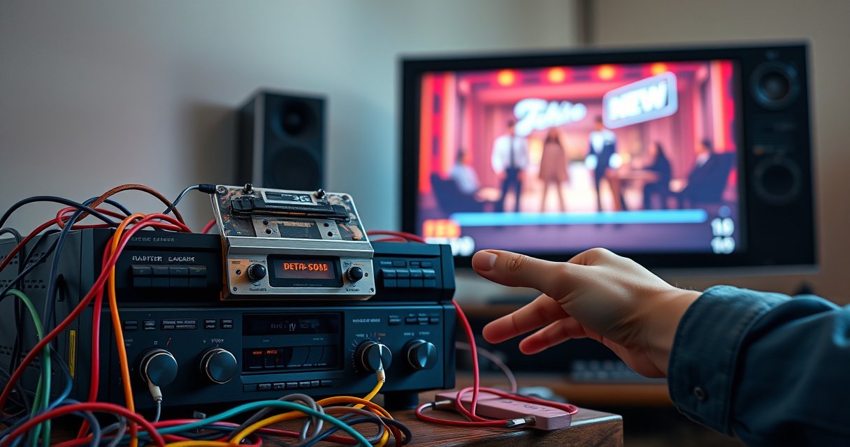 A vintage VCR with intricate dials and a cassette tape, surrounded by colorful tangled cables, sits next to a sleek modern smart TV displaying a retro movie scene. Soft ambient lighting casts a nostalgic glow, while a friendly hand reaches out, bridging the gap between old and new technology.