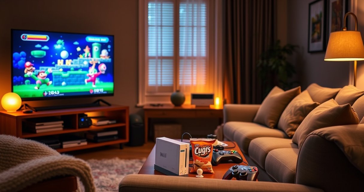 A cozy living room scene featuring a sleek smart TV displaying vibrant game graphics, a vintage Wii console connected with colorful cables, a comfy sofa adorned with plush pillows, and a coffee table with snacks and a game controller, all illuminated by warm ambient lighting, creating an inviting atmosphere for gaming nostalgia.