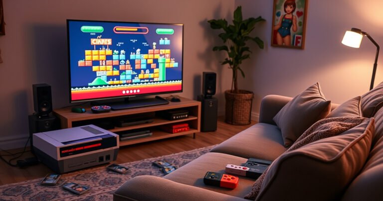 A cozy living room scene featuring a retro Nintendo console connected to a sleek smart TV, vibrant pixelated game graphics displayed on the screen, a colorful assortment of game cartridges scattered nearby, a plush couch with throw pillows, soft ambient lighting, and a nostalgic atmosphere evoking childhood gaming memories.