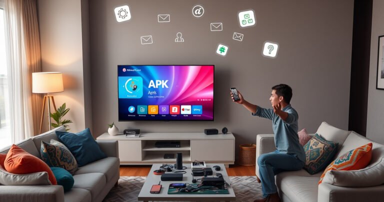 A modern living room showcasing a sleek smart TV displaying a vibrant APK installation screen. Surrounding the TV, a cozy couch, colorful cushions, and a coffee table cluttered with tech gadgets. A person gestures with excitement, holding a smartphone, while digital icons float above, symbolizing apps and connectivity, creating a warm, inviting atmosphere filled with technology.