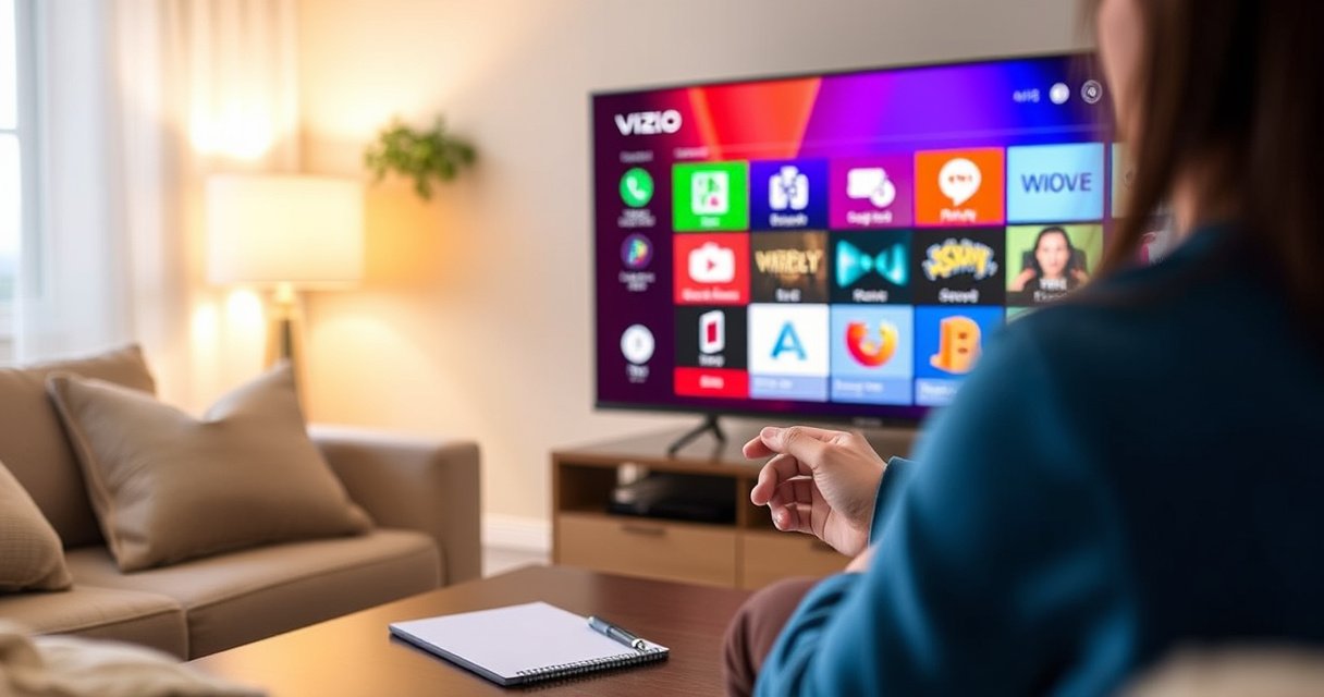 A cozy living room featuring a modern Vizio Smart TV displaying colorful app icons, with a user holding a remote, surrounded by soft cushions and a warm glow from a nearby lamp, a notepad and pen on a coffee table, emphasizing a step-by-step guide atmosphere for tech-savvy viewers.