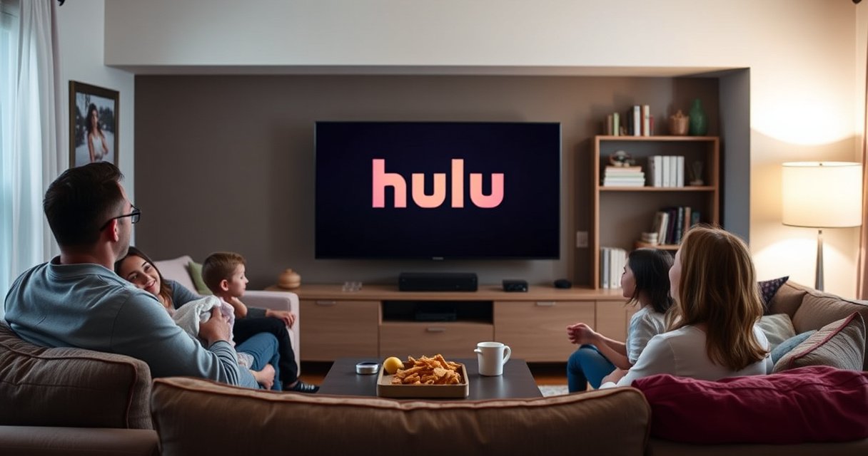 A cozy living room featuring a sleek smart TV displaying the vibrant Hulu logo, surrounded by a comfortable couch adorned with colorful cushions. Soft lighting creates an inviting atmosphere, while a family eagerly gathers around, ready to watch their favorite shows. In the background, a coffee table holds snacks and drinks, adding to the warm ambiance.