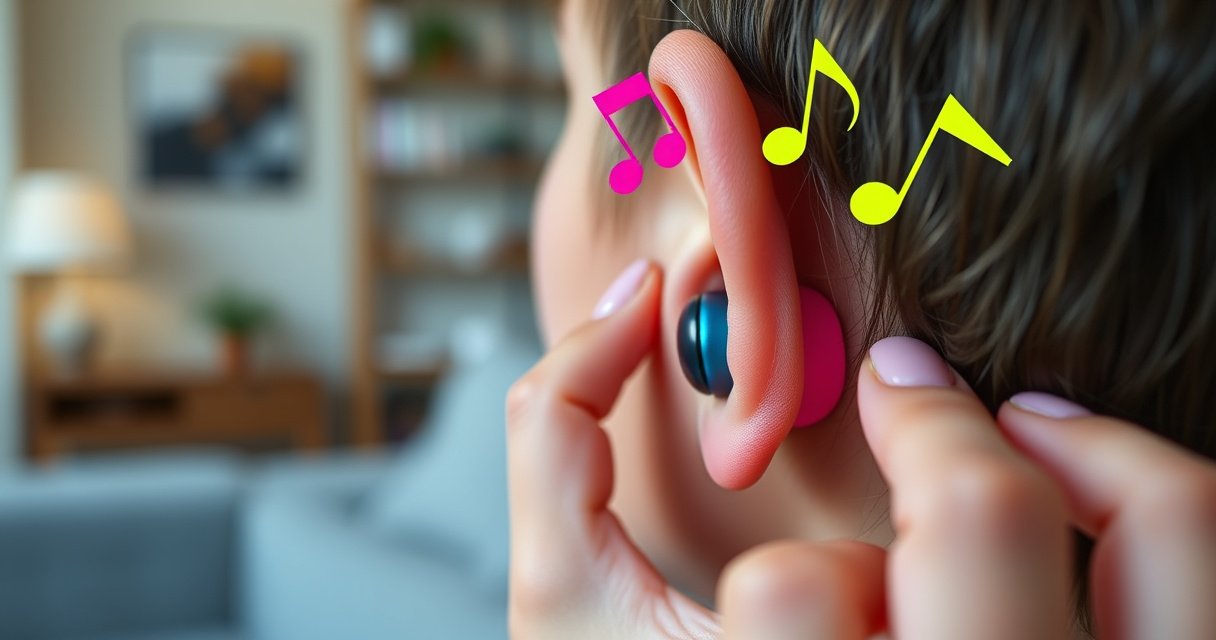 A close-up of vibrant, colorful earbuds nestled snugly in a person's ear, surrounded by a soft, blurred background of a cozy living space. The scene conveys comfort and practicality, showcasing a hand adjusting the earbud while bright, playful music notes float in the air, symbolizing sound and enjoyment.