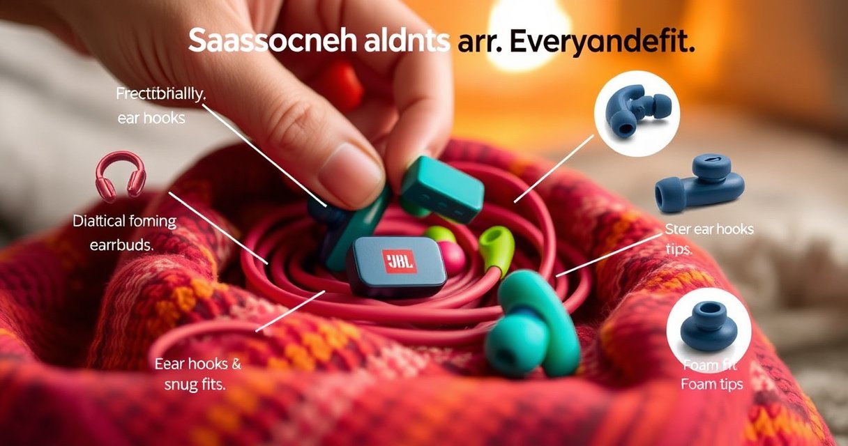 A close-up of colorful JBL earbuds nestled in a vibrant, textured fabric, surrounded by practical tips like ear hooks and foam tips. A hand is gently adjusting the earbuds, showcasing their snug fit. The background features a cozy setting with a warm glow, emphasizing comfort and style, inviting viewers to explore solutions for earbud stability.