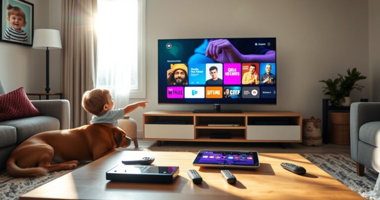 A cozy living room with a sleek smart TV displaying vibrant streaming icons. A curious child points at the screen while a dog lounges nearby. Sunlight streams through a window, illuminating a coffee table cluttered with remote controls and a tablet, symbolizing the fusion of technology and family entertainment.
