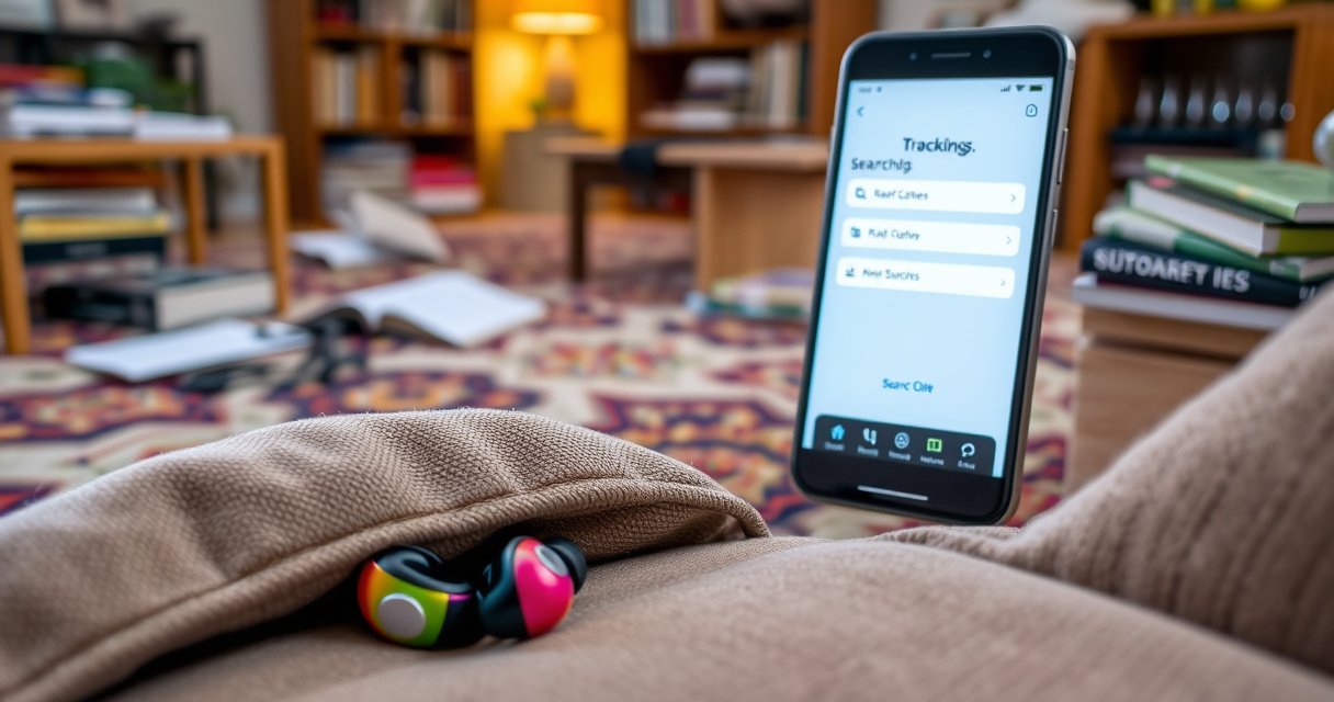 A cluttered living room scene with a vibrant rug, scattered books, and a coffee table. In the foreground, a pair of colorful wireless earbuds peeks out from underneath a couch cushion, with a glowing smartphone screen displaying a tracking app nearby, casting a warm light that illuminates the search area.