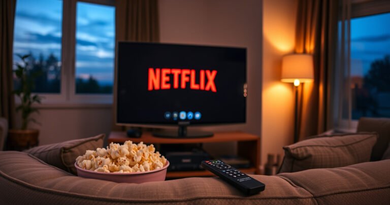 A cozy living room scene with a sleek Samsung Smart TV displaying the Netflix logo, surrounded by a plush couch, a bowl of popcorn, and warm, ambient lighting. A remote control lies on the armrest, hinting at the action of logging out, while a window shows a serene evening sky outside.