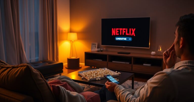 A cozy living room with a sleek smart TV displaying the Netflix logo, a glowing remote control resting on a plush sofa, popcorn scattered on a stylish coffee table, warm ambient lighting casting a inviting glow, and a person thoughtfully pondering their next binge-watch, with a faint outline of a logout button glowing on the screen.