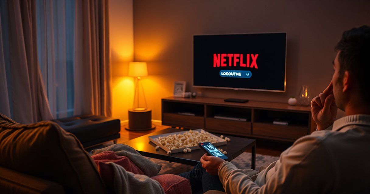 A cozy living room with a sleek smart TV displaying the Netflix logo, a glowing remote control resting on a plush sofa, popcorn scattered on a stylish coffee table, warm ambient lighting casting a inviting glow, and a person thoughtfully pondering their next binge-watch, with a faint outline of a logout button glowing on the screen.