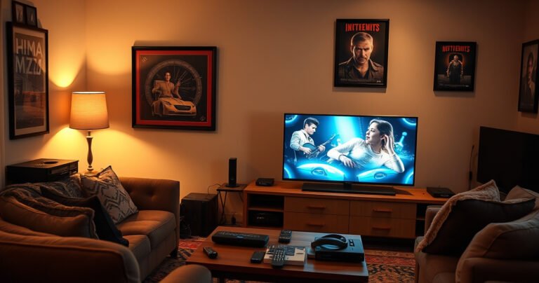 A cozy living room featuring a stylish, vintage television transformed into a sleek smart TV, surrounded by a variety of modern gadgets and streaming devices. Soft warm lighting highlights a comfortable sofa, a coffee table cluttered with remotes, and a wall adorned with framed movie posters, inviting viewers into the world of effortless entertainment technology.