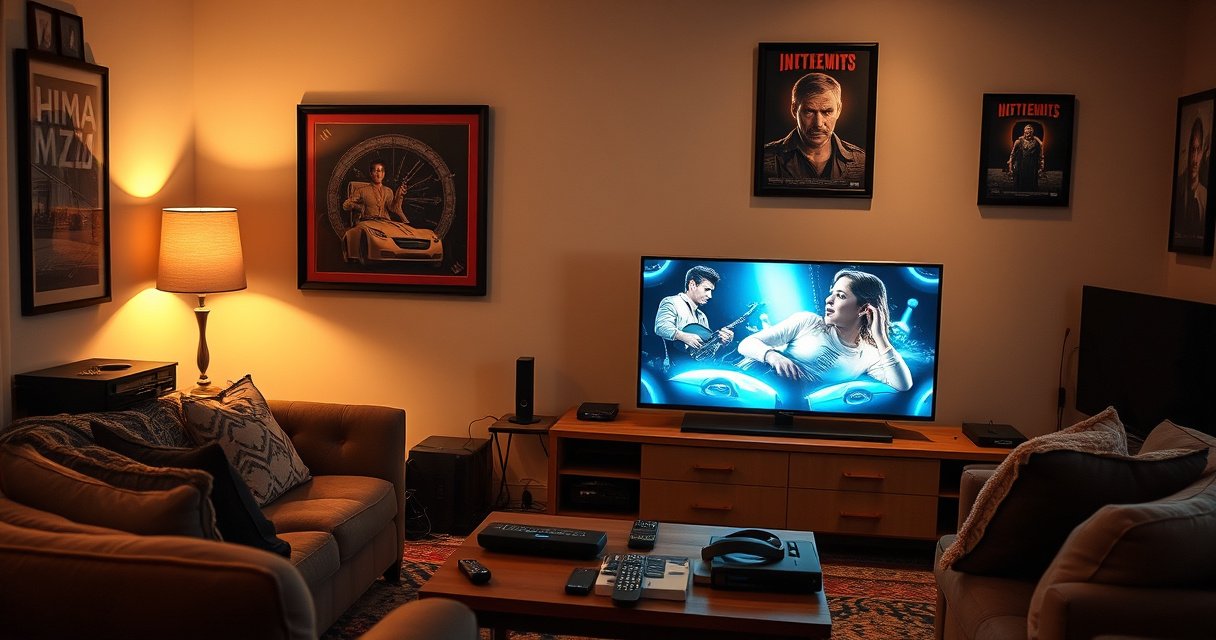A cozy living room featuring a stylish, vintage television transformed into a sleek smart TV, surrounded by a variety of modern gadgets and streaming devices. Soft warm lighting highlights a comfortable sofa, a coffee table cluttered with remotes, and a wall adorned with framed movie posters, inviting viewers into the world of effortless entertainment technology.