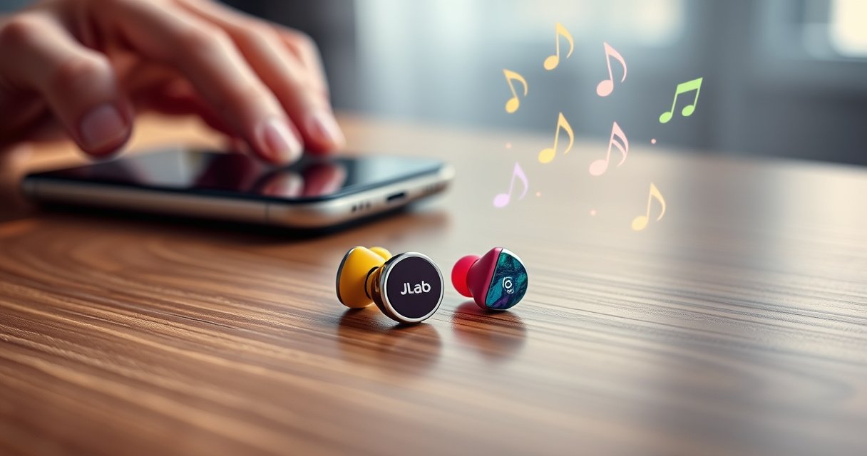 A close-up of vibrant JLab earbuds resting on a sleek wooden surface, surrounded by sound waves illustrated in colorful patterns, with a hand adjusting the volume on a smartphone nearby. Soft ambient lighting highlights the earbuds' design while musical notes float in the air, symbolizing enhanced sound and clarity.