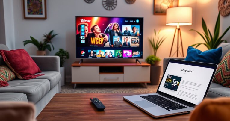 A cozy living room with a sleek smart TV displaying vibrant streaming content, surrounded by plush furniture, colorful throw pillows, and a warm glow from a stylish lamp. A user-friendly remote lies on a coffee table, alongside a laptop open to a setup guide, all set against a backdrop of cheerful wall art and plants.