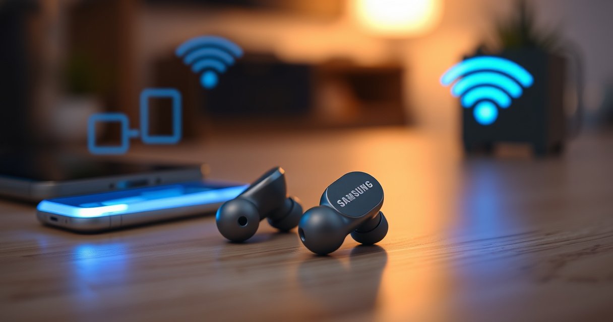 A close-up of sleek Samsung earbuds resting on a minimalist wooden desk, glowing softly in vibrant blue light. Surrounding them are faint outlines of a smartphone and a Wi-Fi symbol, symbolizing connectivity. The background is blurred, hinting at a cozy home environment, creating a sense of modern technology and effortless convenience.