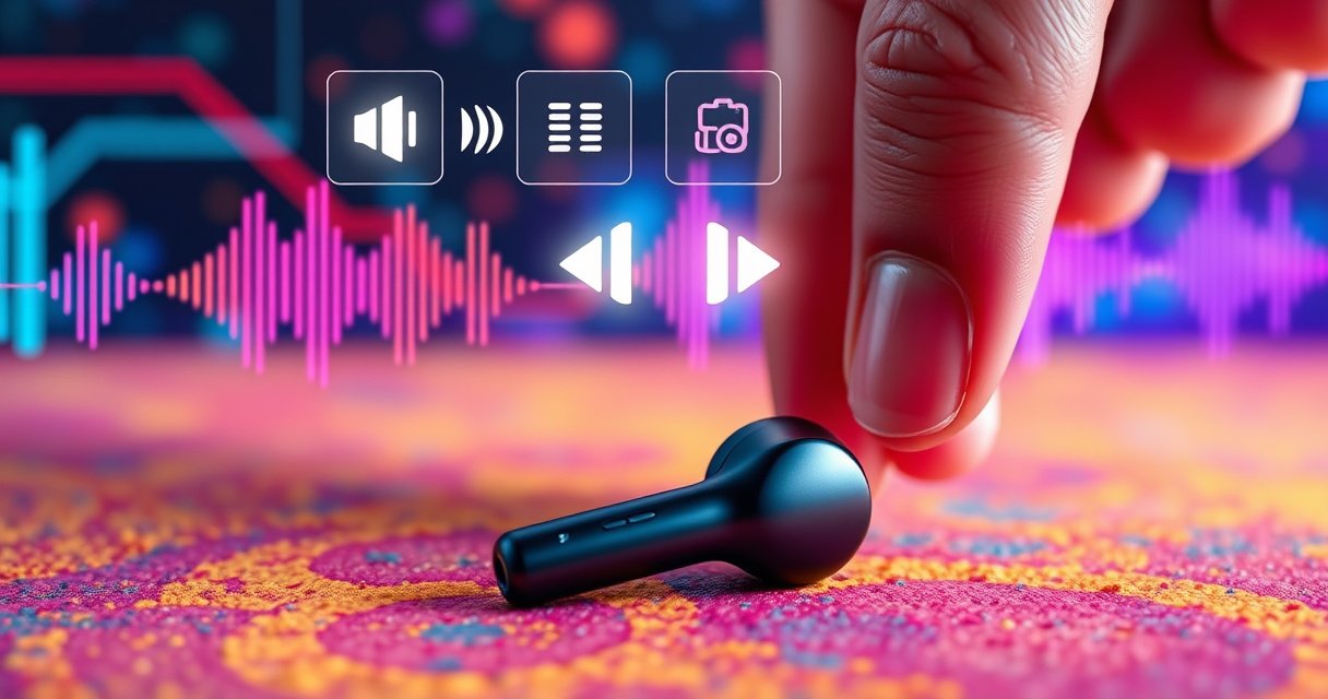 A close-up of sleek, modern wireless earbuds placed on a vibrant, textured surface, surrounded by sound waves visually depicted in bright colors. An overlay of glowing audio settings icons and arrows indicates adjustments, while a hand reaches towards the earbuds, symbolizing interaction and enhancement. The background features a dynamic, tech-inspired design that suggests innovation.