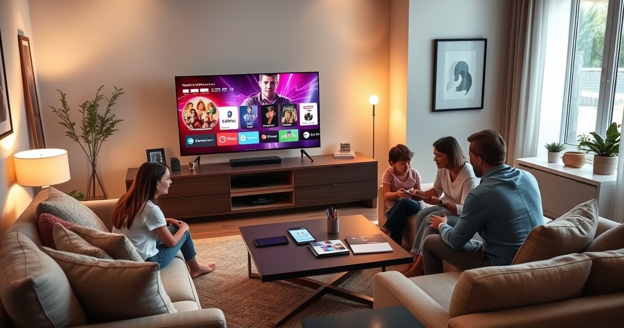 A cozy living room with a sleek flat-screen TV displaying vibrant apps, surrounded by modern decor. A family gathers around a stylish coffee table, excitedly browsing options on a tablet. Warm lighting creates an inviting atmosphere, while a minimalist entertainment center holds smart devices, illustrating the transformation of a traditional space into a tech-savvy haven.
