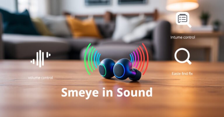 A close-up of vibrant wireless earbuds resting on a wooden table, surrounded by colorful sound waves emanating from them, with text overlays of simple fix icons like volume control buttons and a magnifying glass, all set against a softly blurred background of a cozy living space, conveying a sense of ease and clarity in sound.