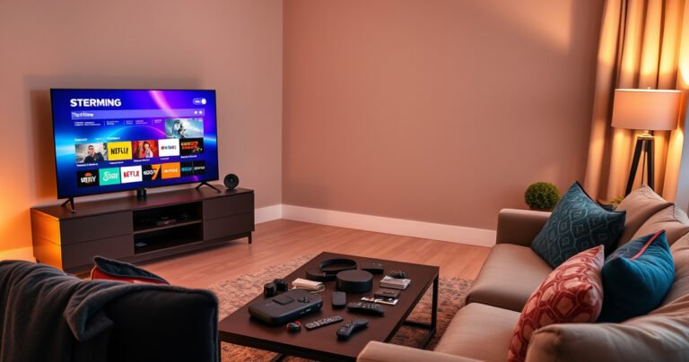 A modern living room with a sleek, flat-screen TV displaying vibrant streaming icons, a cozy sofa with colorful throw pillows, a coffee table cluttered with tech gadgets and remote controls, and a warm, inviting atmosphere illuminated by soft, golden light from a nearby lamp, creating a perfect setting for tech-savvy upgrades.