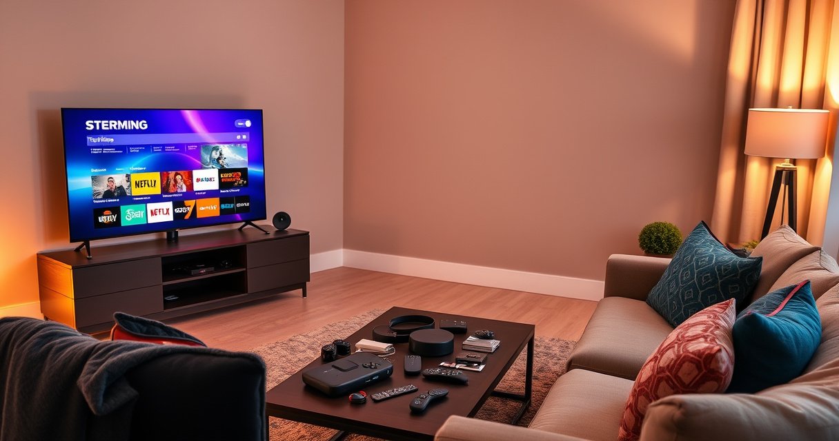 A modern living room with a sleek, flat-screen TV displaying vibrant streaming icons, a cozy sofa with colorful throw pillows, a coffee table cluttered with tech gadgets and remote controls, and a warm, inviting atmosphere illuminated by soft, golden light from a nearby lamp, creating a perfect setting for tech-savvy upgrades.