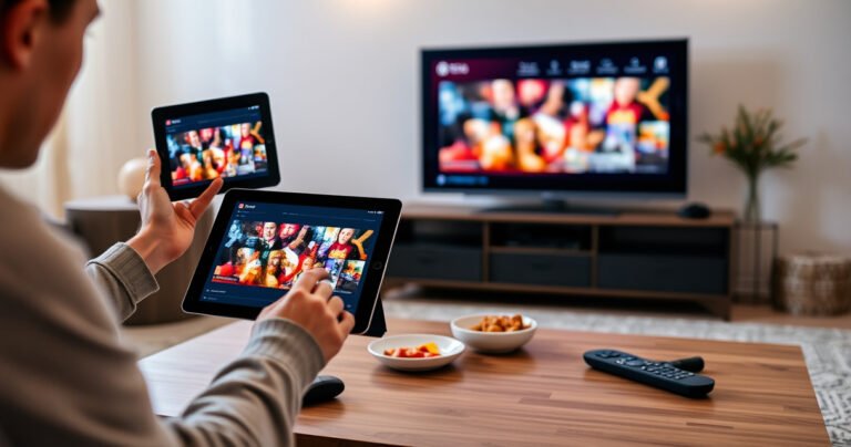 A sleek iPad displaying vibrant content, seamlessly mirroring to a modern smart TV in a cozy living room. Soft ambient lighting highlights the technology, while a user excitedly gestures towards the screen. A stylish coffee table adorned with snacks and a remote control completes the scene, embodying the ease of digital connectivity in everyday life.
