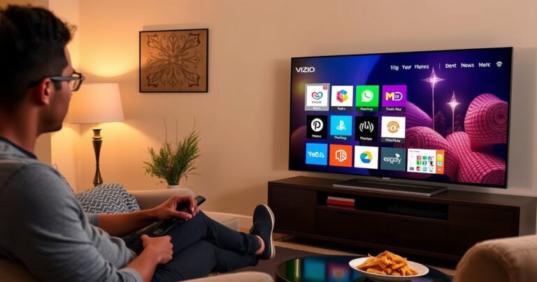 A cozy living room with a sleek Vizio Smart TV displaying colorful app icons in a dynamic arrangement. A person, casually dressed, interacts with a remote, surrounded by a soft sofa, warm lighting, and a coffee table with snacks. The atmosphere is inviting and tech-savvy, illustrating the ease of navigating apps on a modern television.