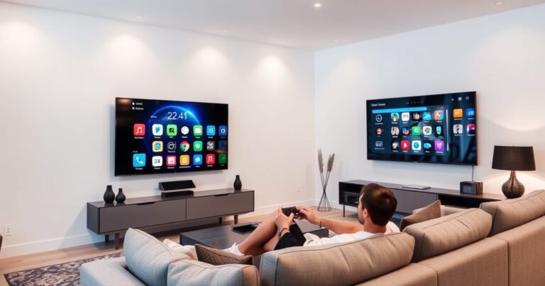 A sleek modern living room featuring a large smart TV mounted on the wall, with colorful app icons displayed on the screen. A person sits on a cozy couch, interacting with a remote control, surrounded by stylish decor and soft ambient lighting, creating a welcoming atmosphere that invites viewers to explore the digital world.