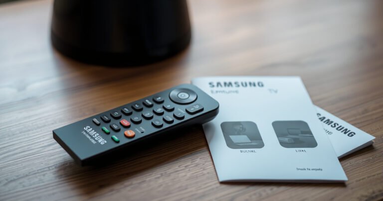 A sleek, modern Samsung Smart TV remote on a wooden table, partially open to reveal its intricate inner workings, with colorful buttons and circuit boards visible. A soft glow from a nearby lamp casts gentle shadows, while a user manual lies beside it, hinting at the quick steps to access the remote's secrets.