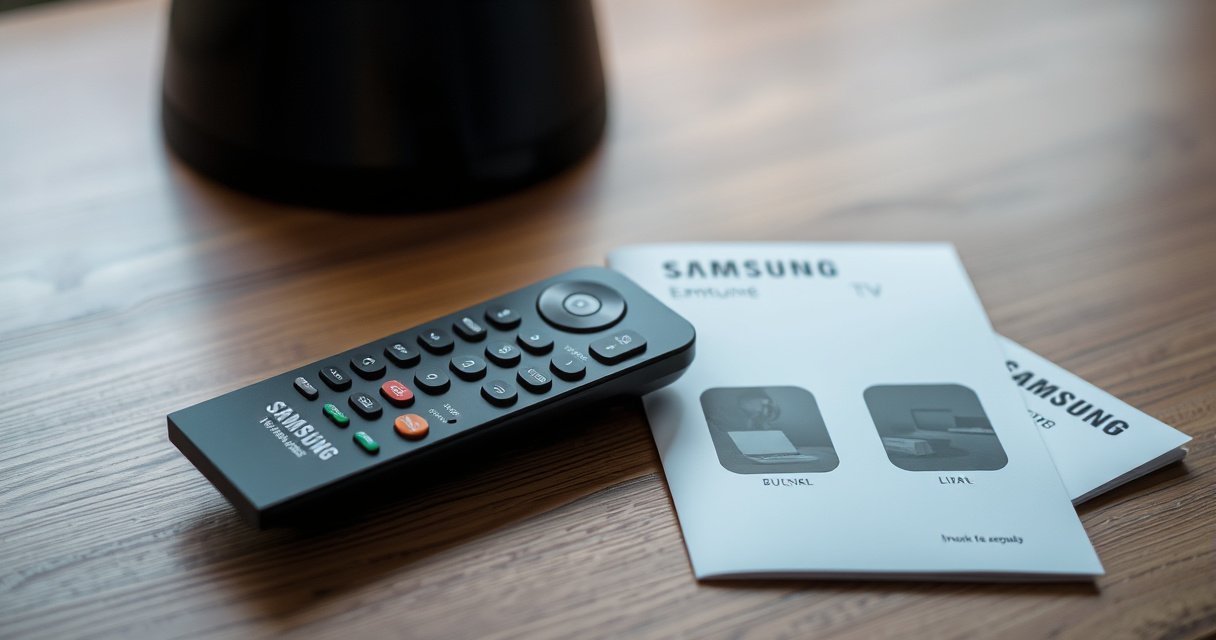 A sleek, modern Samsung Smart TV remote on a wooden table, partially open to reveal its intricate inner workings, with colorful buttons and circuit boards visible. A soft glow from a nearby lamp casts gentle shadows, while a user manual lies beside it, hinting at the quick steps to access the remote's secrets.