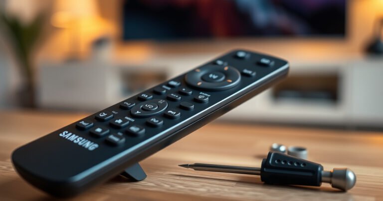 A close-up of a sleek Samsung Smart TV remote, set against a soft-focus living room background. The remote is partially opened, revealing intricate internal components, with scattered tools like a small screwdriver beside it. Warm ambient lighting highlights the remote's modern design, inviting curiosity and a sense of easy accessibility.