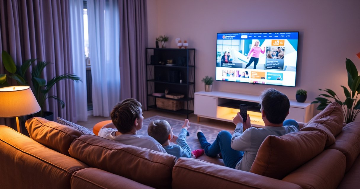 A cozy living room illuminated by a soft glow from a smart TV displaying a vibrant website. A family sits comfortably on a plush sofa, engaged and excited, with a sleek remote in hand. Surrounding them are decorative plants and a warm, inviting ambiance, emphasizing modern technology blending seamlessly into home life.