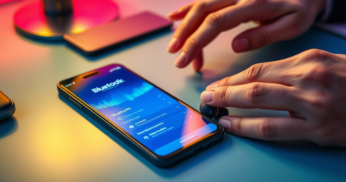 A close-up of sleek Aftershokz earbuds resting on a vibrant, modern desk alongside a smartphone displaying a Bluetooth settings screen, with colorful soundwave graphics swirling around, symbolizing connectivity and sound. Soft ambient lighting enhances the tech-savvy atmosphere, while a pair of hands gently reach for the earbuds, ready to embark on a seamless pairing experience.