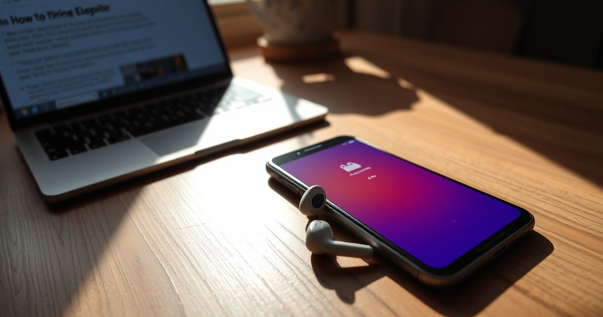 A close-up of sleek Amazon earbuds resting on a wooden table, surrounded by a smartphone displaying a vibrant pairing screen. Soft morning light filters through a nearby window, casting gentle shadows. An open laptop with an instructional guide is in the background, creating a cozy, tech-savvy atmosphere perfect for a how-to article.