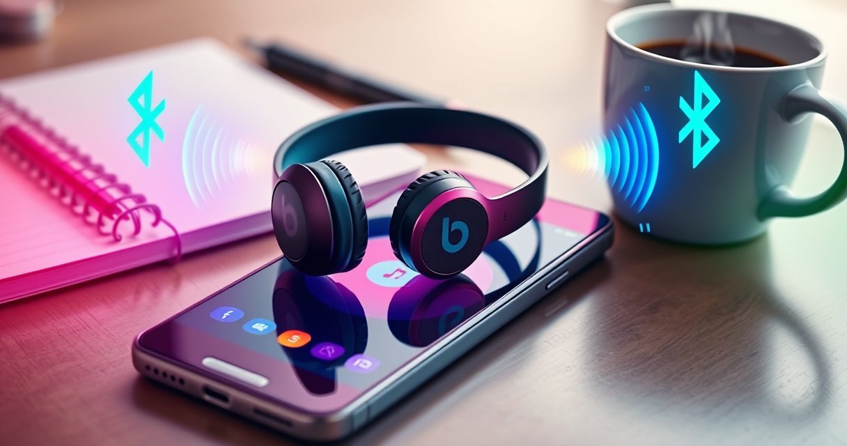 A sleek pair of Beats earbuds resting on a vibrant Android smartphone, surrounded by colorful sound waves and glowing Bluetooth symbols. The background features a modern workspace with a cozy vibe, showcasing a notebook and a steaming coffee cup, emphasizing the seamless connection and tech-savvy lifestyle of music lovers.
