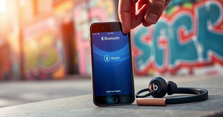 A vibrant scene of a sleek smartphone displaying a Bluetooth pairing screen, next to a stylish pair of Beats earbuds. The background features a lively urban setting with colorful graffiti, soft sunlight filtering through. A user’s hand is reaching for the earbuds, conveying excitement and modern connectivity. The atmosphere is energetic and tech-savvy.