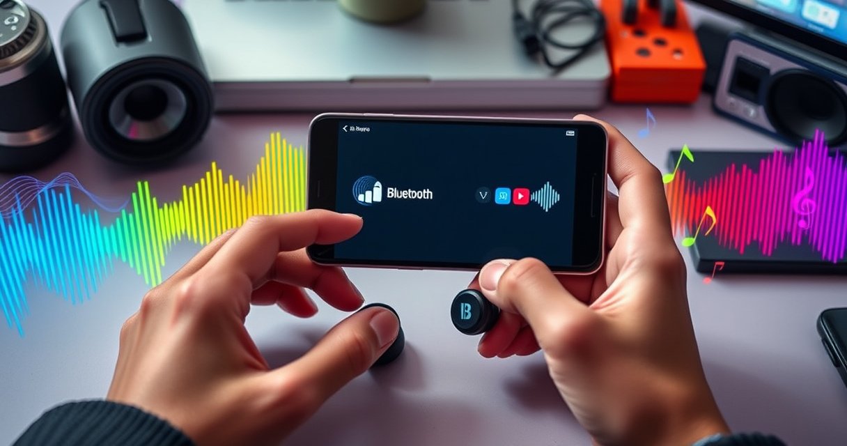 A sleek pair of Beats Studio Wireless Earbuds rests on a vibrant, modern workspace, surrounded by colorful sound waves and musical notes. A smartphone displays a Bluetooth connection interface, while hands effortlessly guide the earbuds into pairing mode. The background features a lively mix of tech gadgets, inviting creativity and inspiration in sound.