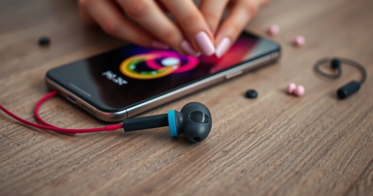 A close-up of sleek, vibrant Beats wired earbuds elegantly resting on a textured wooden surface, with a smartphone displaying a colorful pairing screen in the background. Soft, diffused light highlights the earbuds' design and vibrant colors, while scattered music notes and a pair of hands gently connecting the earbuds create a dynamic, engaging atmosphere.
