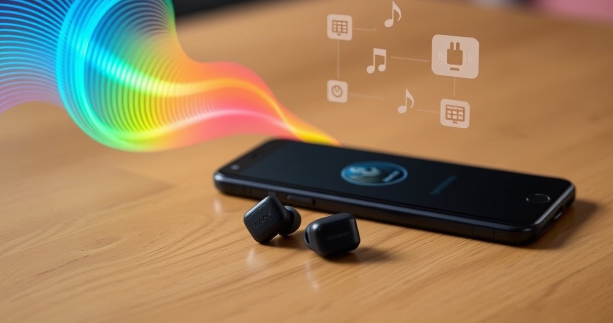 A sleek pair of Bose SoundSport Wireless Earbuds resting on a modern wooden table, surrounded by vibrant sound waves in bright colors emanating from a smartphone, with step-by-step icons floating nearby, creating an energetic and tech-savvy atmosphere, all set against a minimalist background that highlights the elegance and functionality of the earbuds.