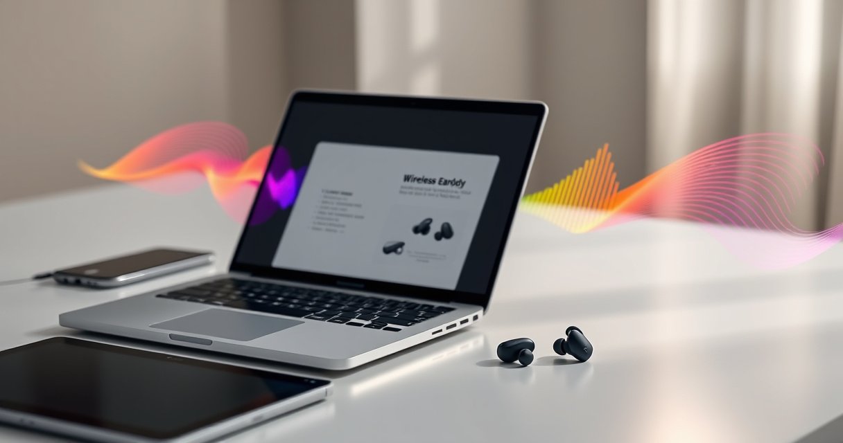 A stylish workspace featuring a sleek laptop and an open guide on pairing Bose Wireless Earbuds, surrounded by vibrant sound waves illustrated in colorful arcs, while a pair of the earbuds rest elegantly on a minimalist desk, bathed in soft, ambient lighting that evokes a sense of modern technology and seamless connectivity.