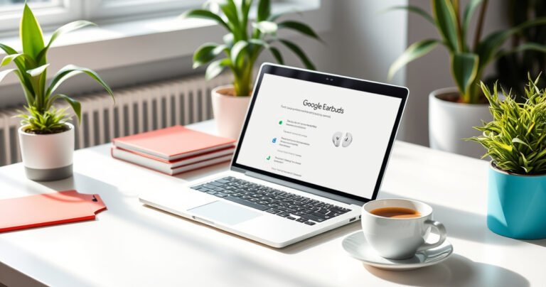 A bright, modern workspace with a sleek laptop open to a Google Earbuds setup guide, surrounded by vibrant plants and colorful stationery. The earbuds, elegantly displayed, rest on the desk, complementing a cup of coffee. Soft natural light filters through a nearby window, creating an inviting atmosphere for tech enthusiasts.